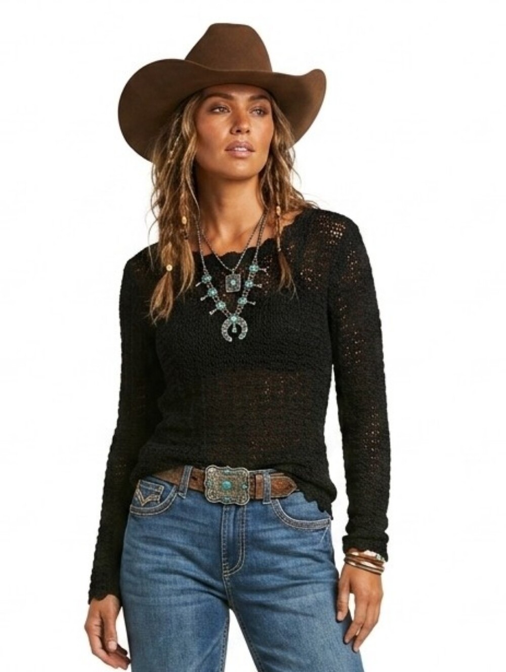 Double D Ranch Black Crochet Knit Sweater Top Size Small